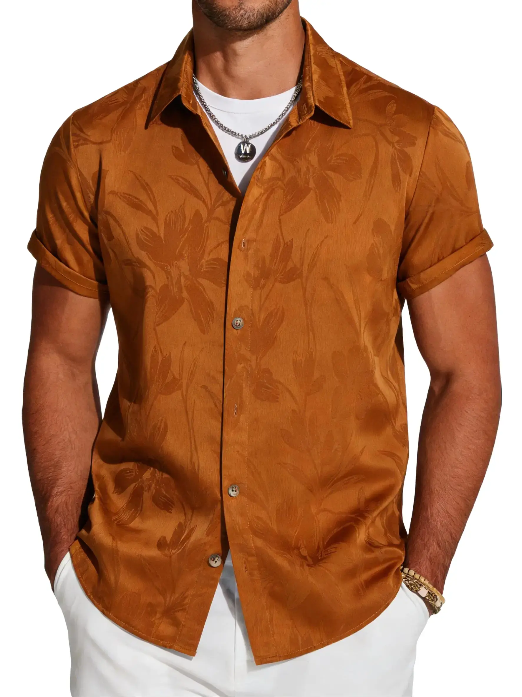 ZAFUL Men's Vintage Collared Neck Floral Jacquard Shirt, Casual Short-Sleeve Silky Satin Button-Up, Regular-Fit Summer Polyester Basics Top, Silk-Like Poly, Chic Daily Menswear