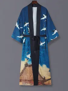 Japanese Retro Ethnic Crane Print Kimono Robe, Long Sleeve Soft Fabric Jacket, Unisex Casual Beach Travel Cover-Up, Spring Fall Fashion