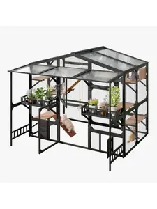 SAYGOGO Large Outdoor Catio for 6‑10 Cats, Weatherproof Wooden Cat Enclosure with 6 Platforms, Scratching Post, Resting Box & Storage Shelves