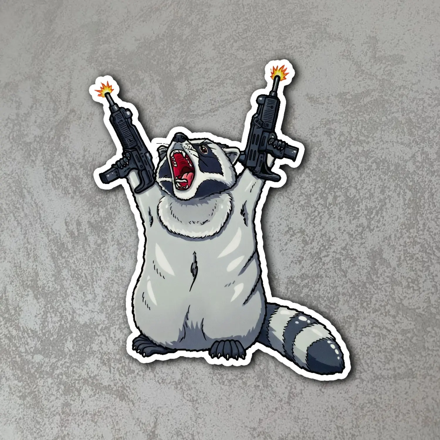 Raccoon Dual Blaster Funny Sticker Waterproof Vinyl Decal Cute Animal Meme Car Laptop Water Bottle Bumper Sticker Durable Outdoor Indoor Gift Idea