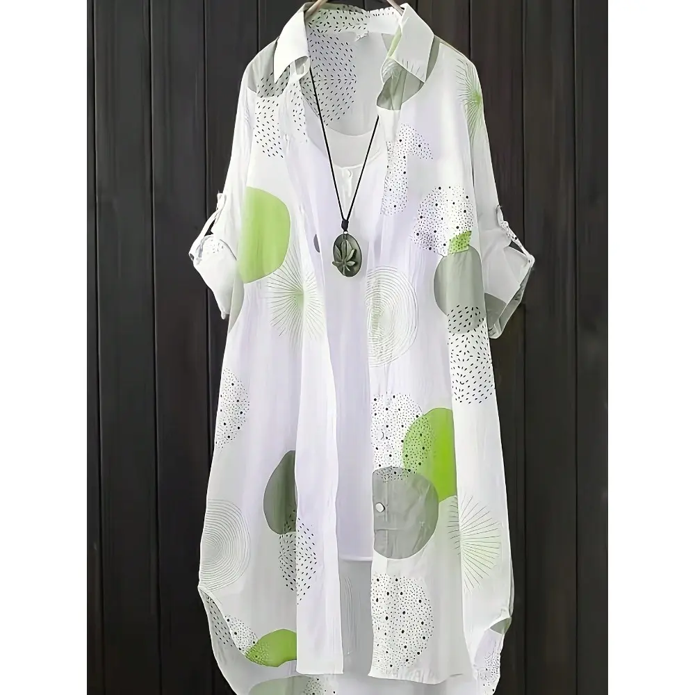 PLUS SIZE Korean Style Women's Shirt - Loose Comfortable Chic Blouse Green V Neck Long Sleeve Minimalist Fashion Top for Women