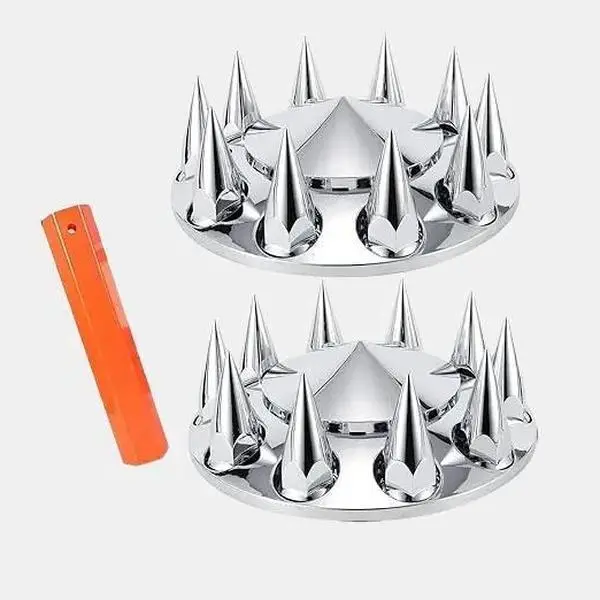 33mm Thread-On Spiked ABS Chrome Plastic Front Axle Cover screw-on Kit Removable Hub Cap with Flange lug Nut Covers - 2 Set for Semi Trucks Wheel