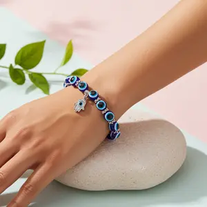 Evil Eye Bracelets with Hamsa Charm Blue Beaded Bangle for Protection and Luck Symbolic Jewelry Pack of 2
