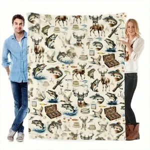 Hunting And Fishing Throw Blanket - Super Soft, Warm & Cozy Plush Flannel Blanket Featuring Deer, Fish, Fishing Rods, Perfect For Outdoors man, Sports Fans, Camping, Home Decor, Sofa, Bed, Cozy Soft Flannel Blanket & Suitable For Birthday Anniversaries