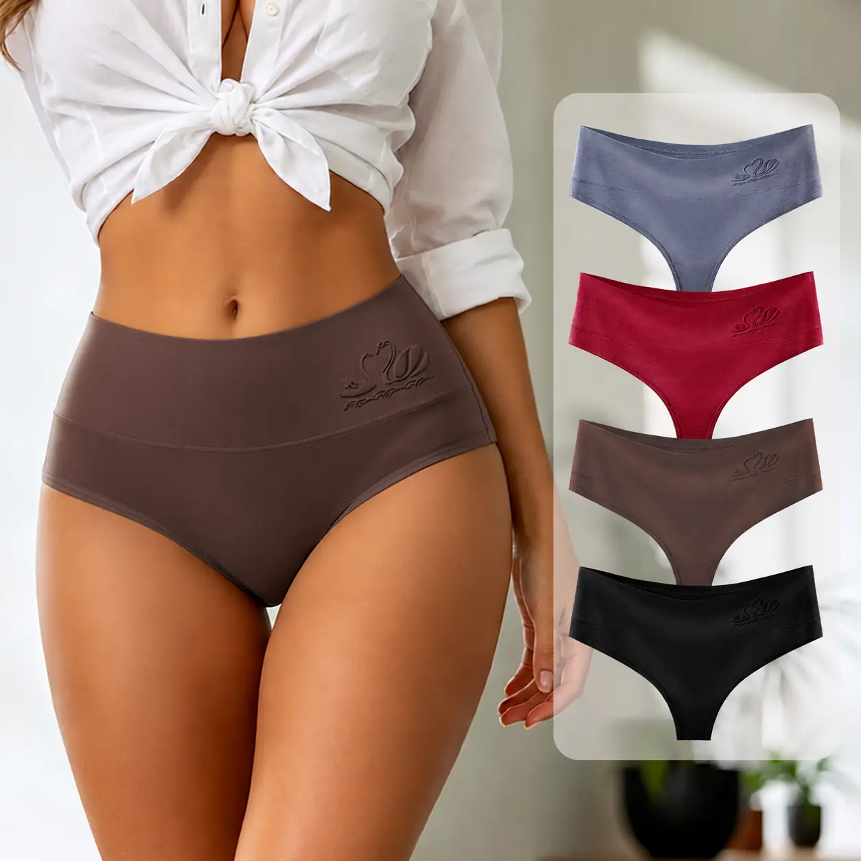 Hotcom Women's High Waist C-Section Postpartum Seamless Cotton Thong Bikini - 95% Cotton, 5% Spandex, Body Control, Minimalist Style, Soft Stretchy, No-Show T-Back, Comfortable Everyday Fit, 4-Pcs Random Colors Pack, S-3XL Plus Size Fashion Toe Thong