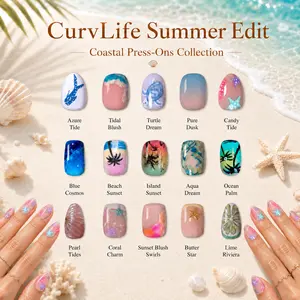 CurvLife Ocean Breeze Press-On Nails Collection – 30PCS, Blue Sea, Wave, Shell and Tropical Beach Inspired Designs, Glossy Reusable Nails for Summer Vacation and Coastal Looks
