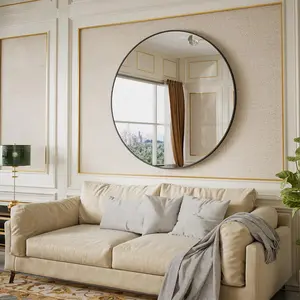 42 Inch Round Mirror, Metal Frame Circle Mirror, Wall Mounted for Entryway, Bathroom, Vanity, Living Room, Black