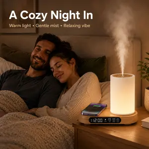 Two Colors Aroma Diffuser 150ml Humidifier with Bluetooth Alarm RGB Light Qi Wireless Fast Charger in Wood Grain and White Multi-Functional Compact for Air Refreshing and Convenient Charging for Home Office bedroom
