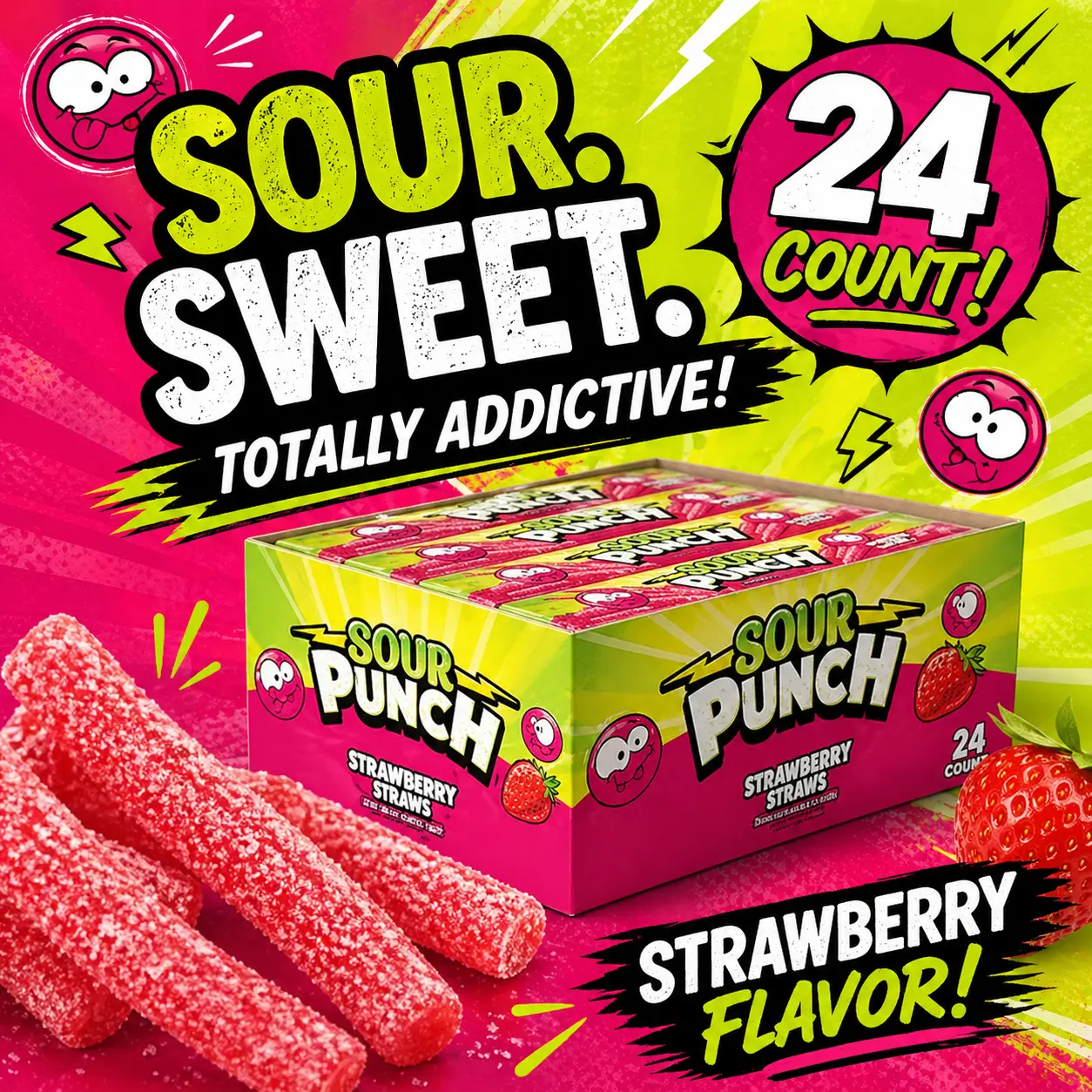 Sour Punch Strawberry Straws 24 Count  Sweet & Sour Chewy Candy Straws | Fruity Strawberry Treats for Parties & Snacking