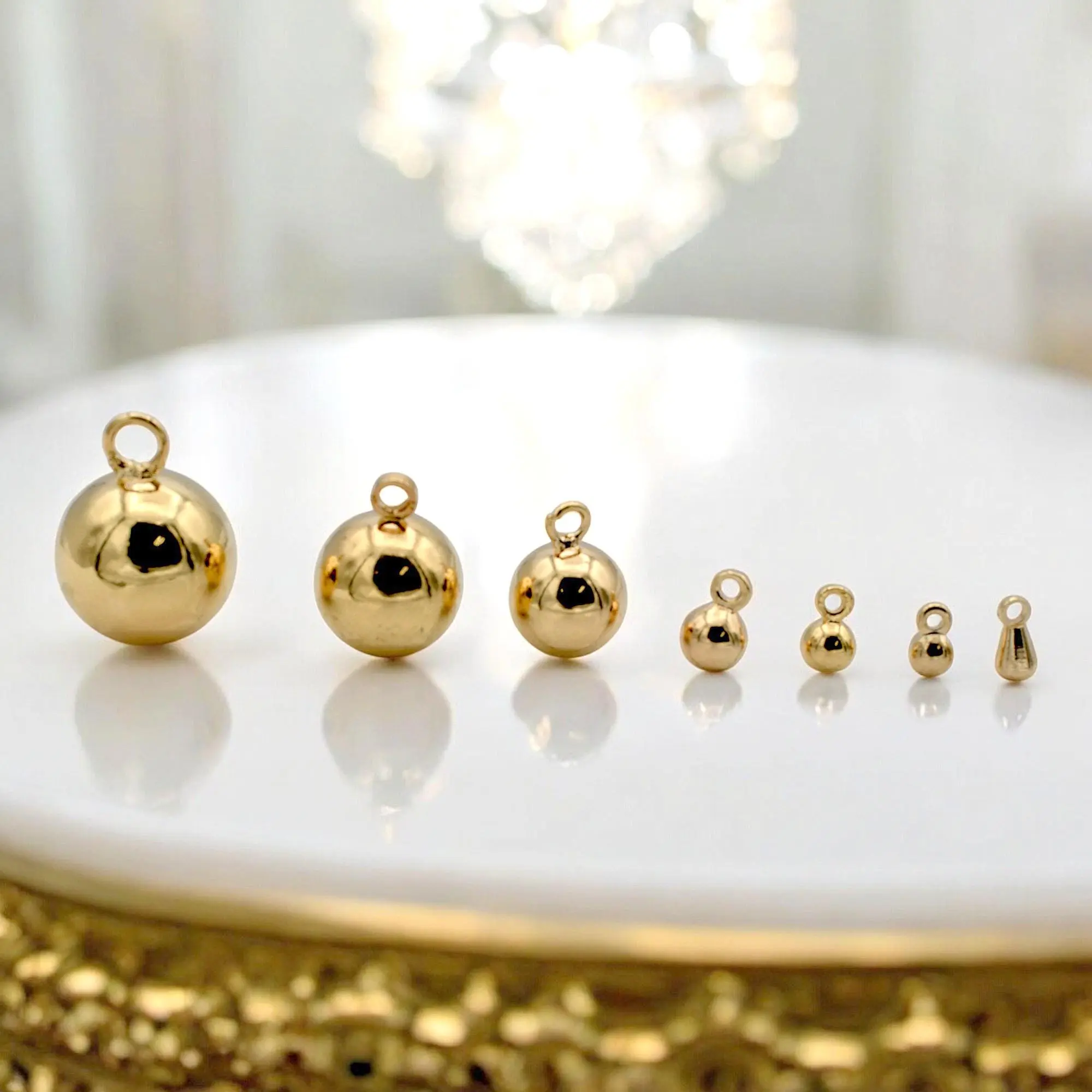 6 PCs/Pack 18K Gold Filled Look, Hanger Beads, and tear drop Seamless Ball, Various Sizes 3mm, 4mm, 5mm,8mm,10mm,12mm Findings Beads Jewelry