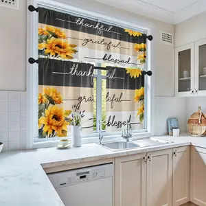 3pcs Sunflower Kitchen Curtains Vintage Window Curtains Valance And Tier Set 36 Inch, Wooden Boards Rod Pocket Short Tier Curtain for Bedroom Living , Grateful Small Cafe Kitchen Decor Foldable Colorful Room Divider