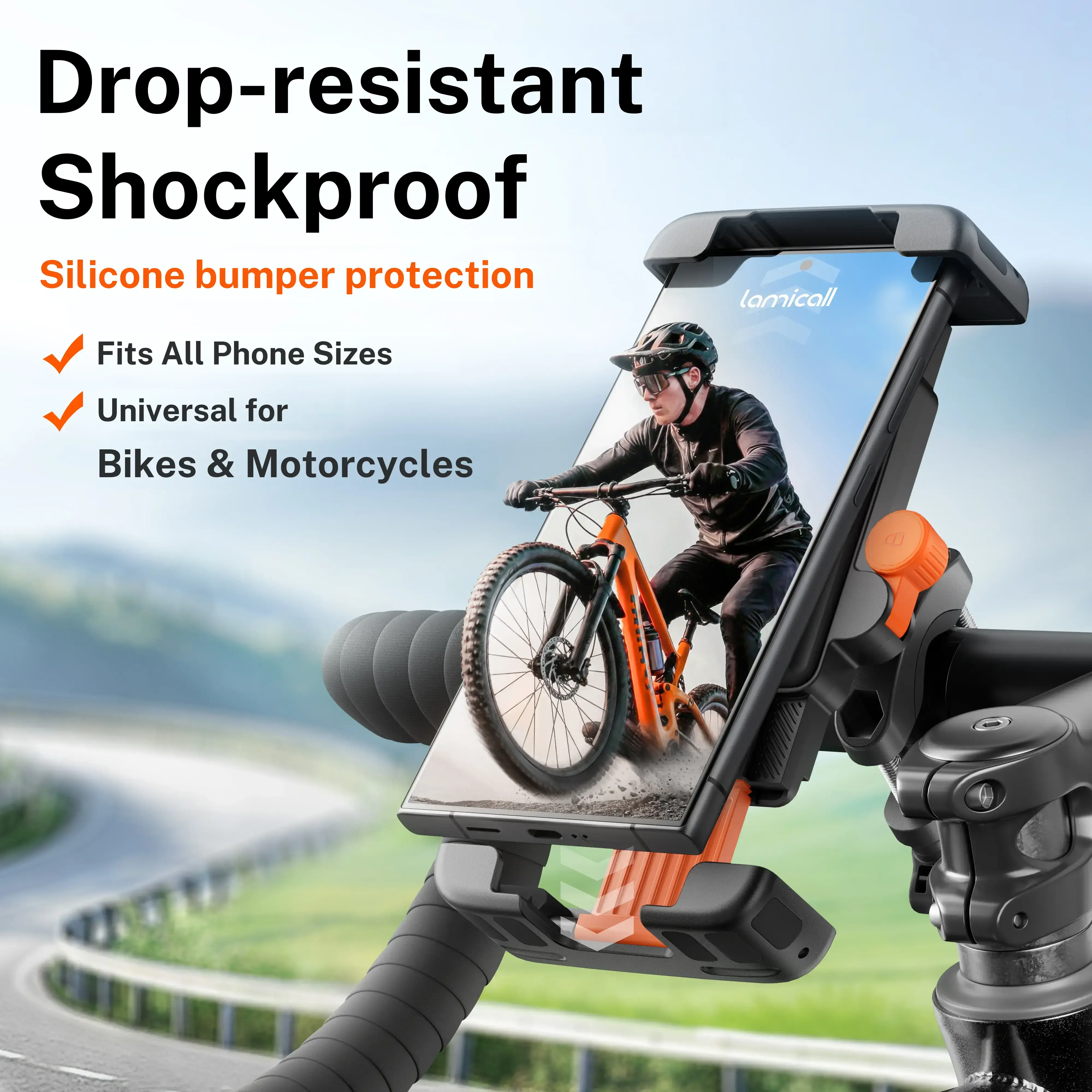 Lamicall Cellphone Bike Mount, Protective Motorcycle & Bike Accessories, Adjustable Mobile Phone Stand with Silicone Protection, Round Handlebar Mount, Tool-Free Installation, Secure, 1-Hand Operation for 6"-7" Smartphones