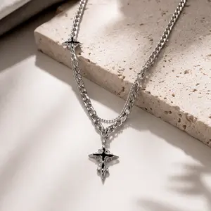 Gothic Cross Layered Necklace Stainless Steel Cool Y2K Pendant Daily Wear Jewelry Accessories for Women/Men Valentines&birthday Boujee Gifts for gf Mother's Day gift Minimalist Chain