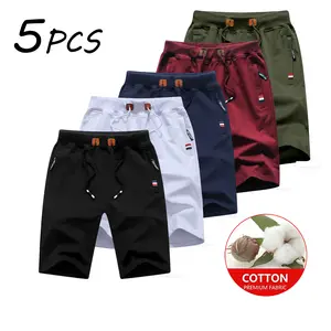 3/5pcs high-quality 100%Cotton men’s summer casual Bermuda shorts, 2-pack - adjustable elastic waistband with drawstring; striped pockets; leather patch decoration; breathable and comfortable; suitable for everyday outdoor wear; versatile plain menswear.