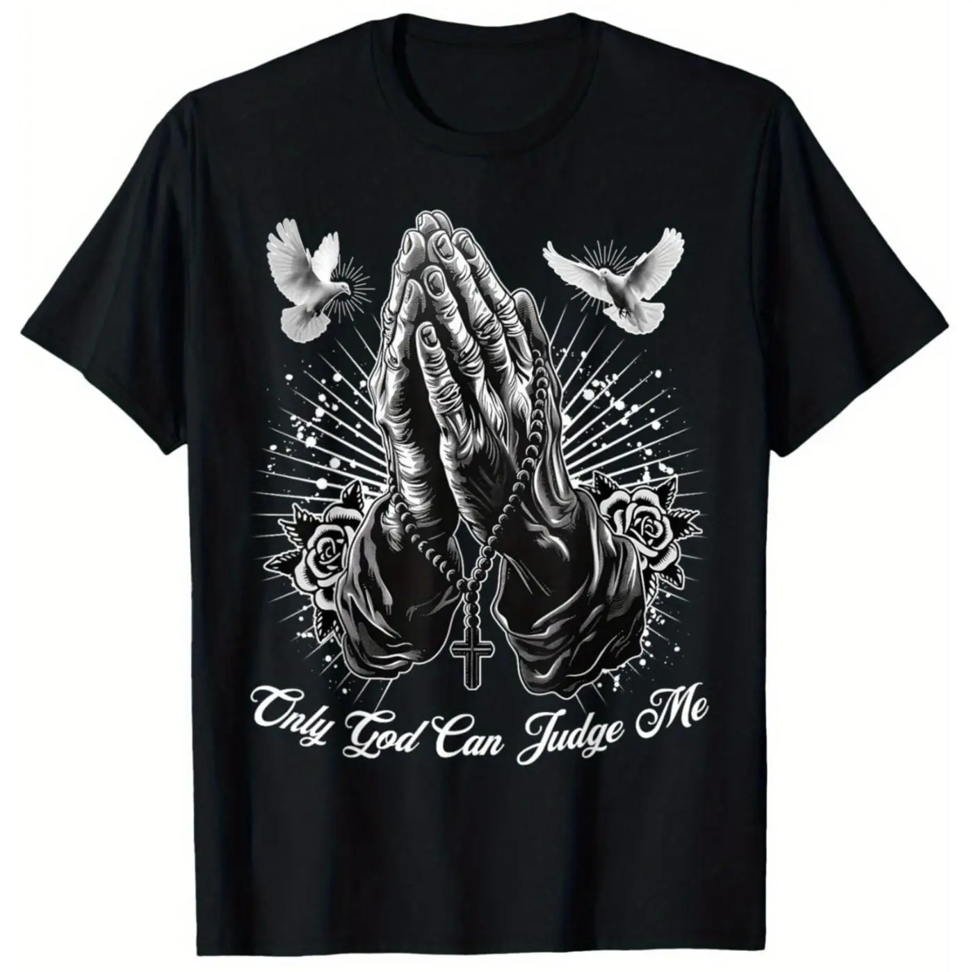 Men's Chicano Prayer Hands Graphic T-Shirt, Streetwear Classic Fit in Soft, Comfy, and Breathable Stretch Cotton, Tshirt, Top, Crew Neck, Shorts, Casual, Menswear, Bold Print, Double Stitched, Soft Cotton, All Seasons