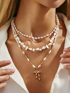 Boho Shell Pearl Beaded Bow Pendant Necklace Set, Shell Pearl Chain and Alloy Bow Design, 3 Piece Bohemian Jewelry Series