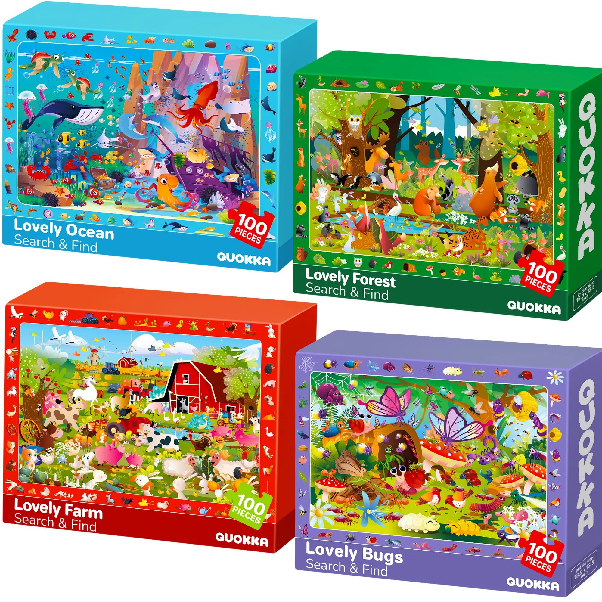 QUOKKA 4-Set 100-Piece Cardboard Kids' Puzzle Game - 18.8x13.4 Inches Toddler Shape Recognition Toy, Animal-Themed Learning Tool for Family Nights, Playful Characters, Detailed Artwork, Hidden Items to Boost Focus, Art Puzzles Gift, Kids Learning Material