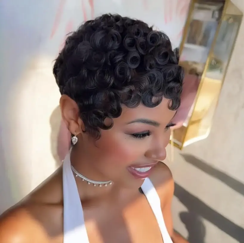 Black Women's Chioma Pixie Cut Wig, Brazilian Virgin Human Hair Glueless Full Machine-Made Pin Curl Wig 025, SohoChic TikTokShopBackToSchool DealsForYouDays Halloween Curly Style