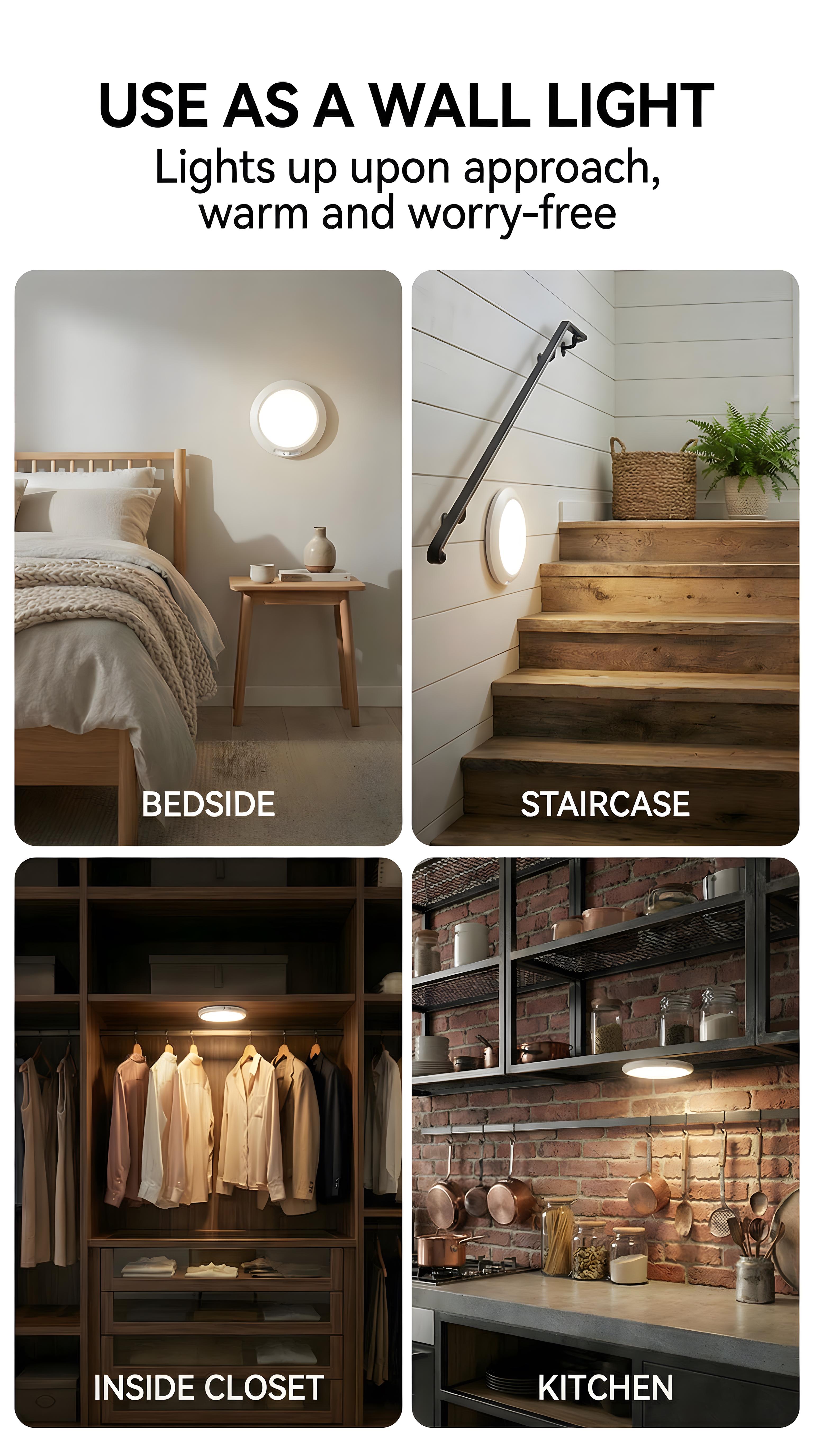 Rechargeable motion sensor ceiling light with remote — battery-operated wireless LED overhead light, dimmable with three color temperatures, no wiring, renter-friendly indoor lighting for closet, shower, pantry, and hallway