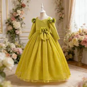 0022 Tween Girl Long Sequined Mesh Off-Shoulder Party Style Elegant And Gorgeous Dress Yellow Gold Dress Kids Princess Dress