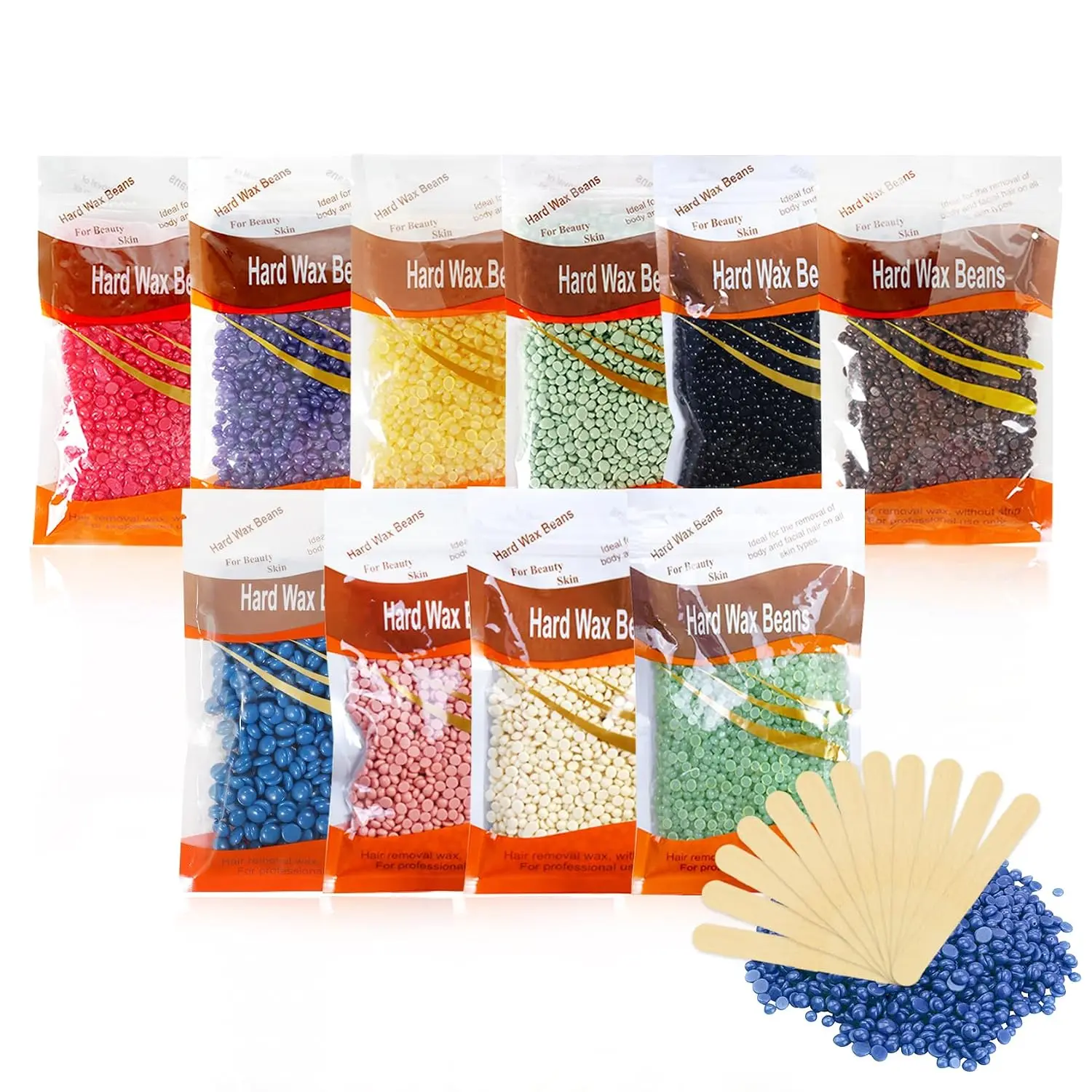 Hard Wax Beans,10PCS Wax Beads for Hair Removal,Professional Waxing Beads with 10 Pcs Wood Sticks,Painless at Home for Full Body,Face,Bikini,Legs,Brazilian,Eyebrow,Armpit