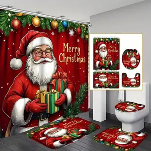 4pcs Santa Claus and gift design, exquisite shower curtain set, non-slip floor mat, U-shaped carpet, toilet cover, perfect for bathroom decoration, partition, beautify the space, 12 shower curtain hooks are given