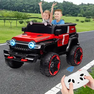 GARVEE 2 Seater Remote Control Ride On Truck, 12V Battery Powered 4WD Off-Road Vehicle with 25W Dual Motor, Spring Suspension, 3 Speeds, Spare Tire, LED Lights, Ideal Christmas Gift, Red