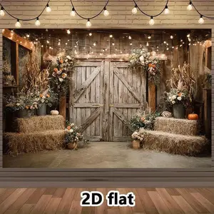 1pc 2D Flat Rustic Farmhouse Backdrop - Barn Door with Floral Arrangements, Hay Bales - Lightweight Polyester Banner for Wedding, Birthday, Thanksgiving, Fall Party Decorations - No Electricity N White Ornaments Flower