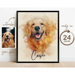 Personalized Watercolor Dog Portrait from Photo, Dog Cat Pet Gift Memorial, Painting from Photo, Pet Portrait Custom, Best Gift Decor Poster