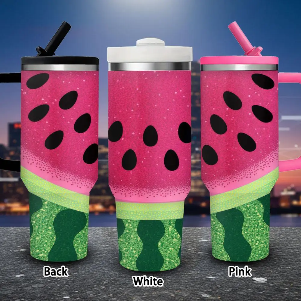 40 oz (1,000-2,000 ml) Watercolor Watermelon Slice Illustration Vacuum Flask Tumbler with Lid + Straw, Large Insulated Travel Mug for Adults, Easter/Birthday Gift for Women, Iced/Hot Coffee Cup, Valentine’s Day