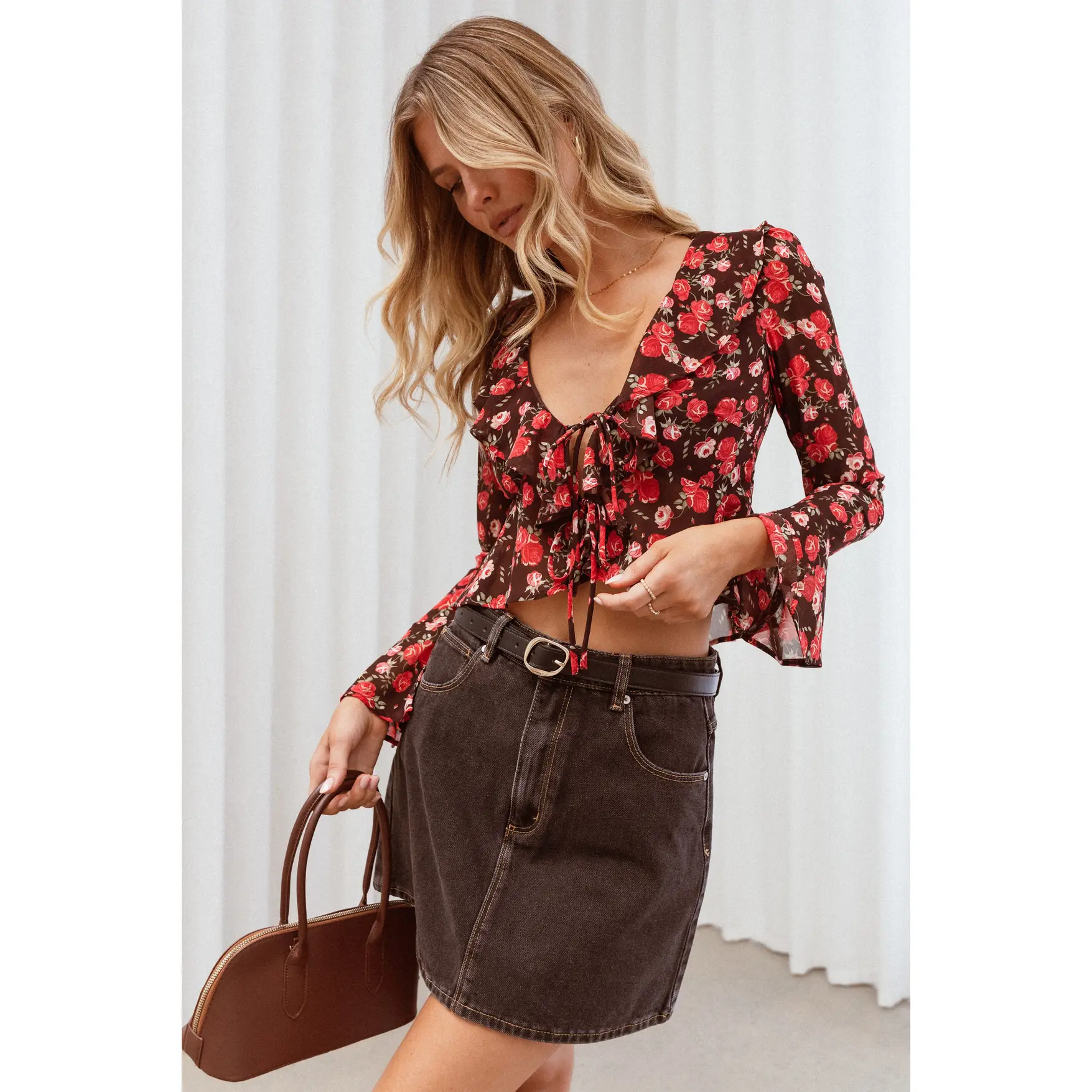 Aveline Chiffon Ruffle Front Top - Brown Floral