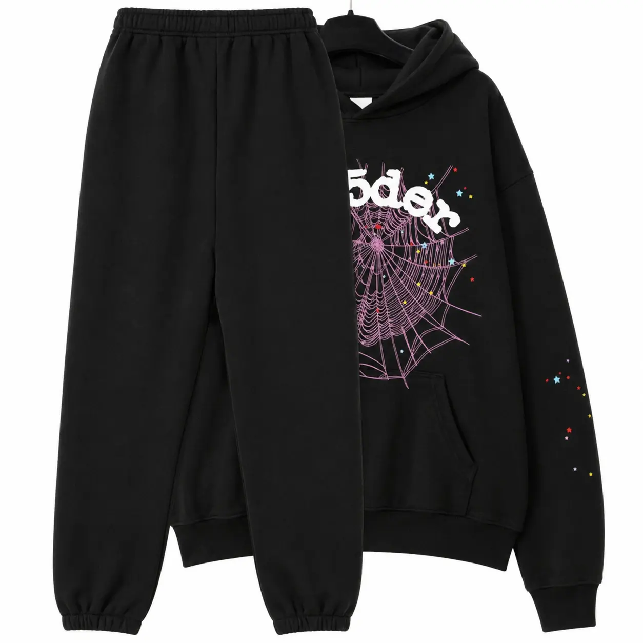 Men's and women's street punk oversized hooded sweatshirt sets, spider web rhinelstone hooded sweatshirts, hip-hop fashion letter aesthetic sweatshirts, gender neutral sets, couple sets