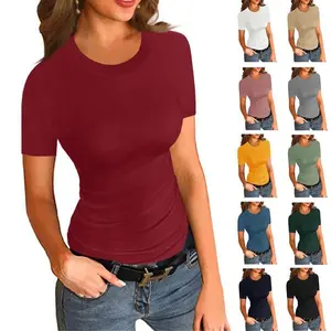 Imily Bela Womens Crewneck Short Sleeve Ribbed T-Shirt Slim Fit Tops Solid Basic Tee(Sheet)