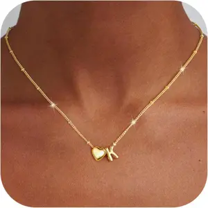14K Gold Plated Initial Heart Necklace, Delicate A-Z Letter Pendant for Women & Teens