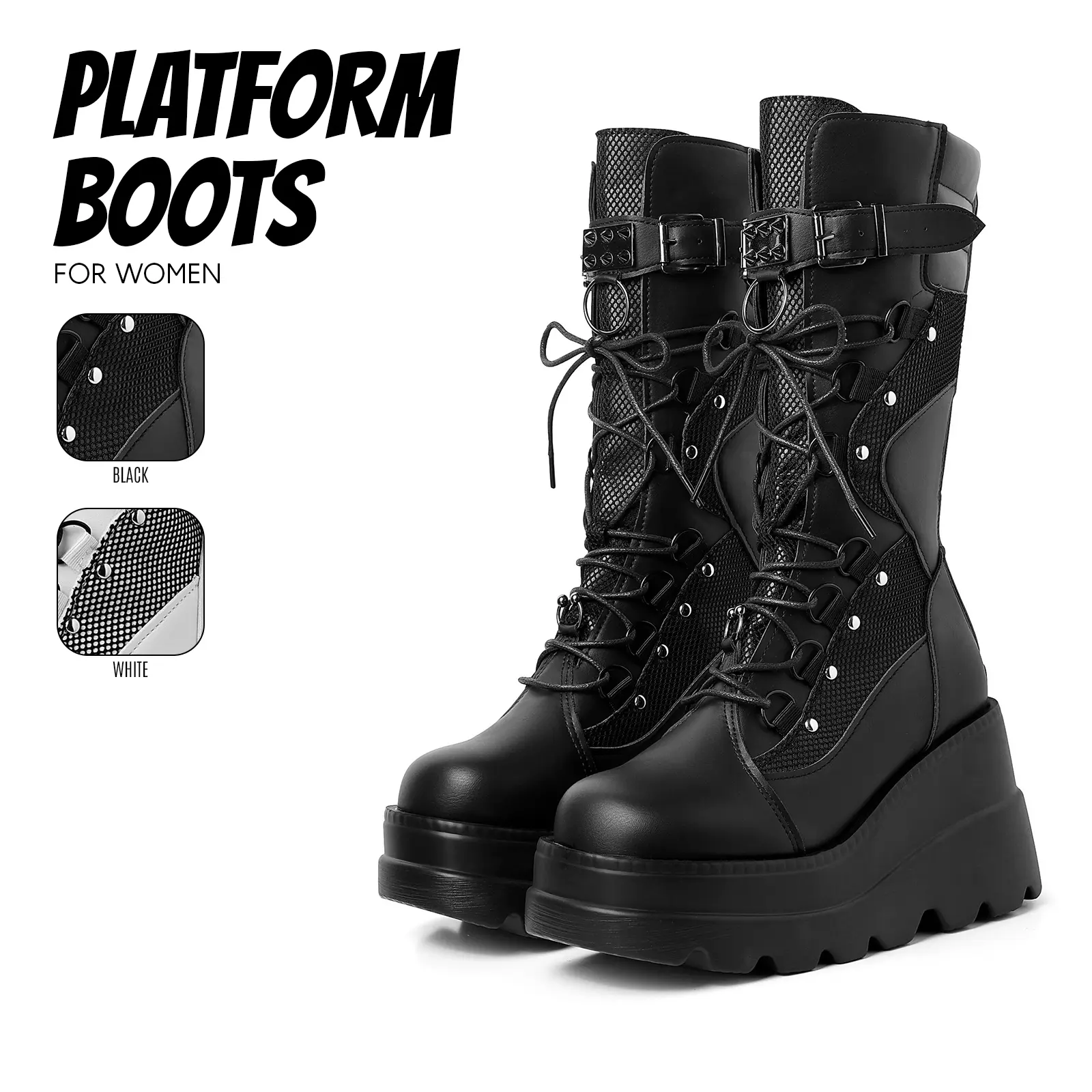 Platform Boots for Women Round Toe Chunky Block Heel Tall Combat Boots Lace Up Side Zipper Buckle Detail Rivet Gothic Punk Motorcycle Fashion Boots