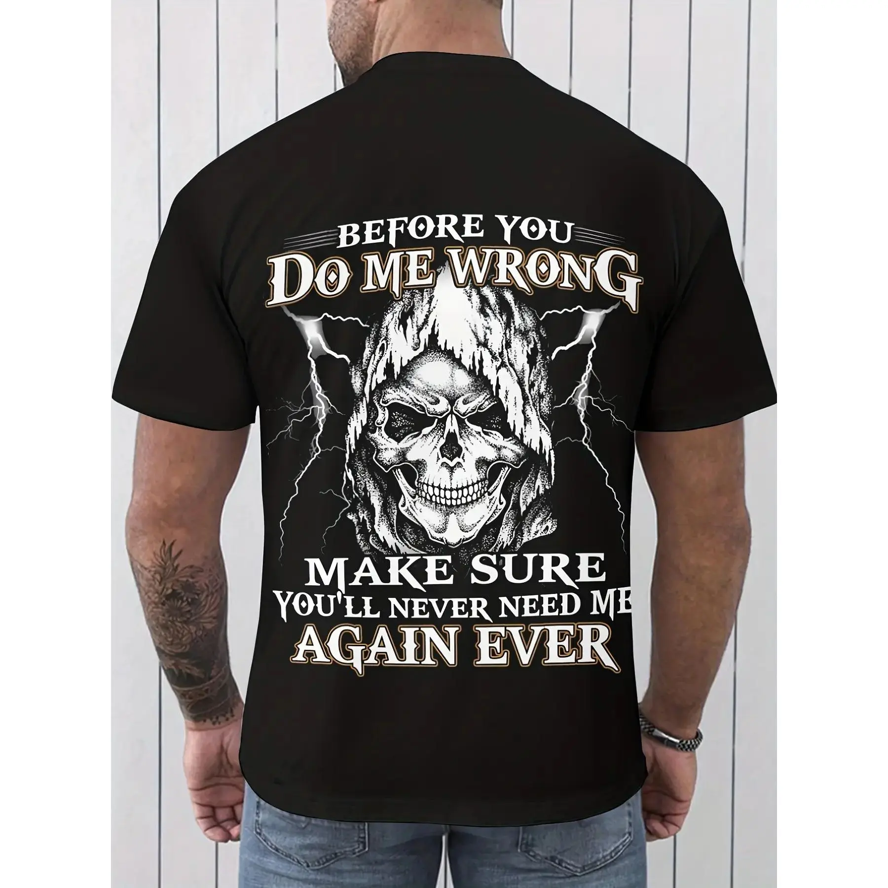Men' Grim Reaper Skull 'Before You Do Wrong' Threatening Slogan T-Shirt - Edgy Cotton Crew Neck Tee with Non- Fabric, Size Casual Short Sleeve Top for Year-Round Wear & Statement Apparel, PLUS SIZE