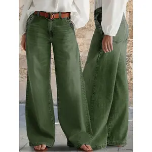 New Women's Loose Fit Wide Leg Casual Washed Denim Jeans - Green, High Quality Jeans