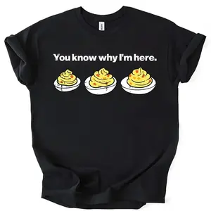 Funny Deviled Eggs Thanksgiving , "You Know Why I'm Here" Food Humor Tee, Unisex Cotton Crewneck Casual Top, Fall Dinner Party Shirt short-sleeved t-shirt men