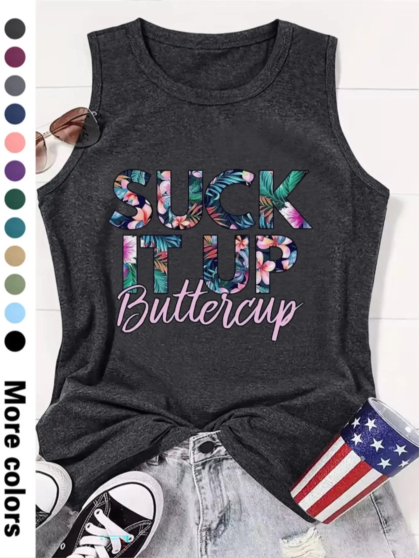 Women's Letter & Floral Print Round Neck Tank Top, Casual Graphic Sleeveless Crew Neck T-shirt for Summer, Fashion Women's Top for Daily Wear