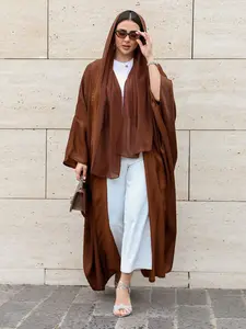 MQ049(1Pc Solid Brown Hooded Open Abaya, Women Elegant Wide Sleeve Long Kimono Robe, High‑End Modest Wear For Daily & Street Occasions)