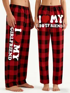 Valentine's Day Couple Matching Pajama Pants, I Love My Boyfriend/Girlfriend Graphic Plaid Loungewear, Soft Loose Fit Sleep Trousers for Men Women, Cute Couple Gift Home Wear, Trendy Oversized Sleepwear, Casual Lounge Pants, Couple Pajama Set, Valentine G