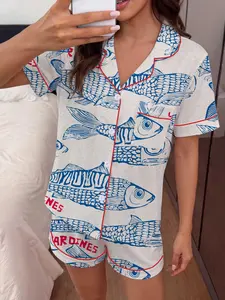 This 2-piece women's pajama set features a floral print, short-sleeved collared button-down top and loose-fitting stretch shorts. It's a stylish and beautiful everyday outfit, perfect for holidays, parties, or casual outdoor wear. Comfortable and casual f