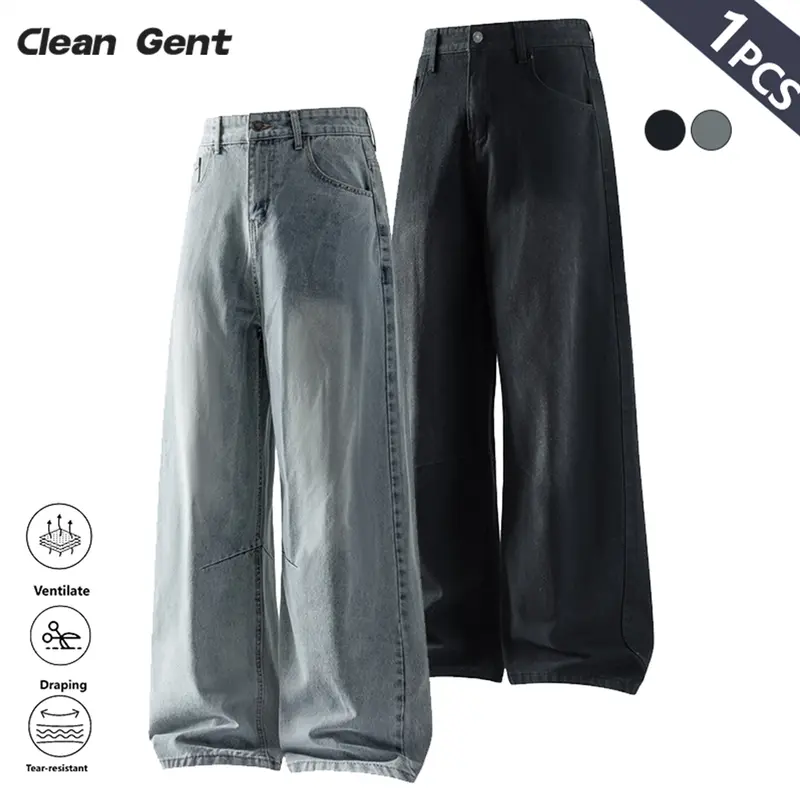 Clean Gent Men's Vintage Washed Loose Straight Jeans, Casual All-Season Trousers, Street Style, Zipper Fly, Solid Color Pattern, Everyday Denim Pants Streetwear Relaxed Look