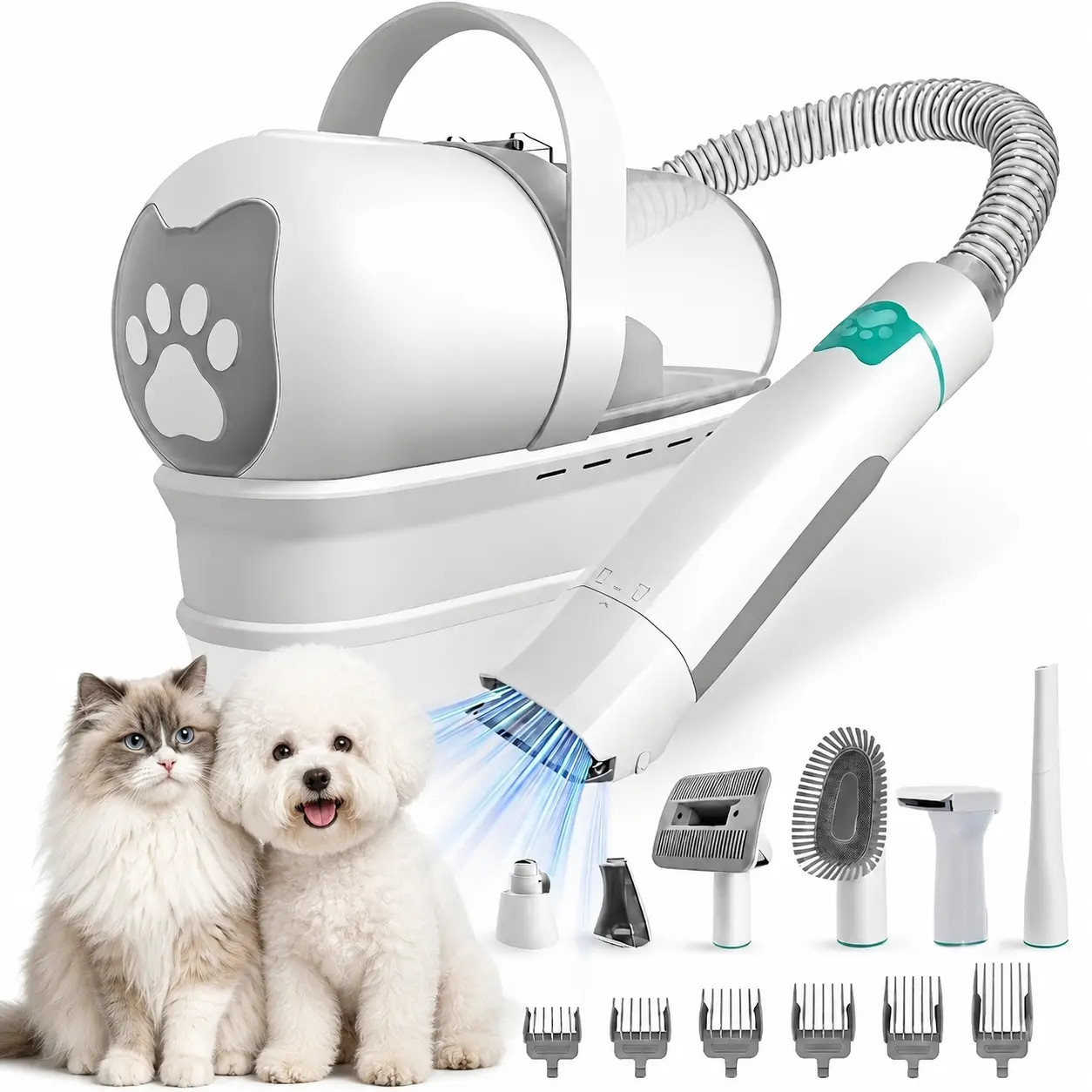 Grooming Vacuum for Dog Hair, 7-in-1 Pet Clipper Set for Shedding Trimming, Paw Care Tool, Nail Polisher & 6 Guide Combs