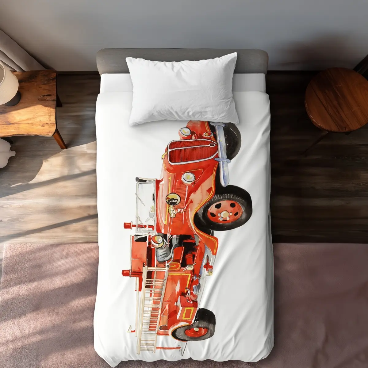 360 stand Machine Washable Duvet Cover, Twin Extra Long Size, Vintage Fire Truck Design, for Man Cave Bedding Decor, Extra-Long Duvet Covers, Bold Art Print Duvet Covers