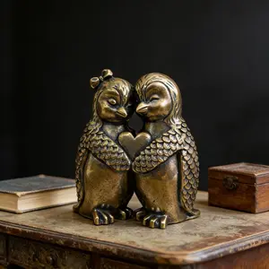 Vintage Brass Couple Penguin Statue, Hugging Heart Shape Home Decor, Valentine's Day Wedding Anniversary Gift, Living Room Desk Decoration