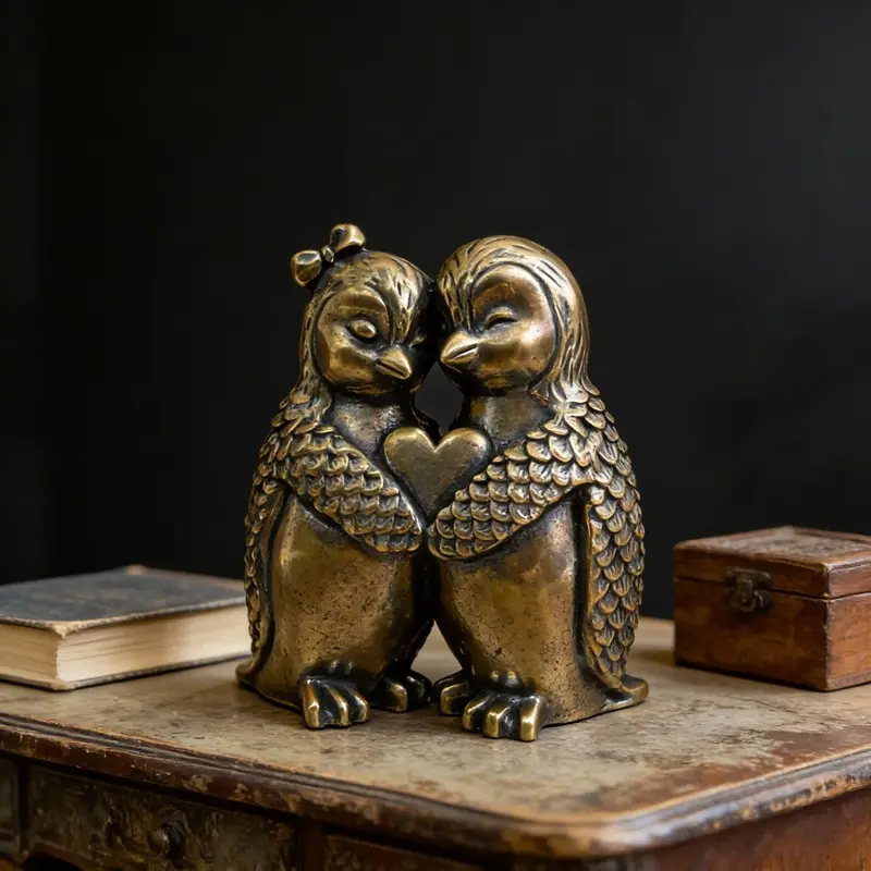 Vintage Brass Couple Penguin Statue, Hugging Heart Shape Home Decor, Valentine's Day Wedding Anniversary Gift, Living Room Desk Decoration, Living Room Ornaments, Decorative Home Ornament