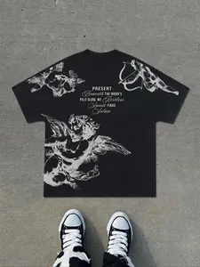 Men's Batwing Sleeve Printed Graphic T-Shirt, Angel Design, Casual American Street Style, Fitted Short Sleeve Tee for Summer