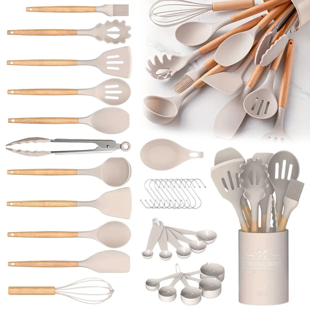 33PCS Food-Grade Silicone Kitchen Utensils Set with Black Wooden Handle & Holder - BPA-Free, Non-Stick, Non-Scratch Cooking Tools, Spatula Turner, Cooking Spoons, Silicone Cooking Spoons
