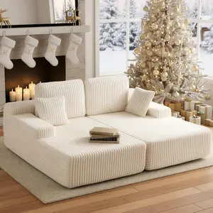 [2 FREE Pillows] No Assembly Oversized Sectional Chaise Couch,Plush Reclining soft Sofa Bed,Beige, compression Boneless Couch,Reading Chair,Deep Seat Corduroy Lounge,Futon Chenille Sofa,Pet friendly furniture comfy floor sofa lounge, Gift for Christmas